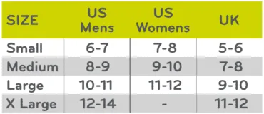 orthotic size chart